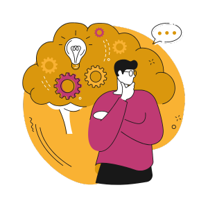 Innovation - Design Thinking Process​. Person thinking with cloud of gears and lightbulbs to signify innovation