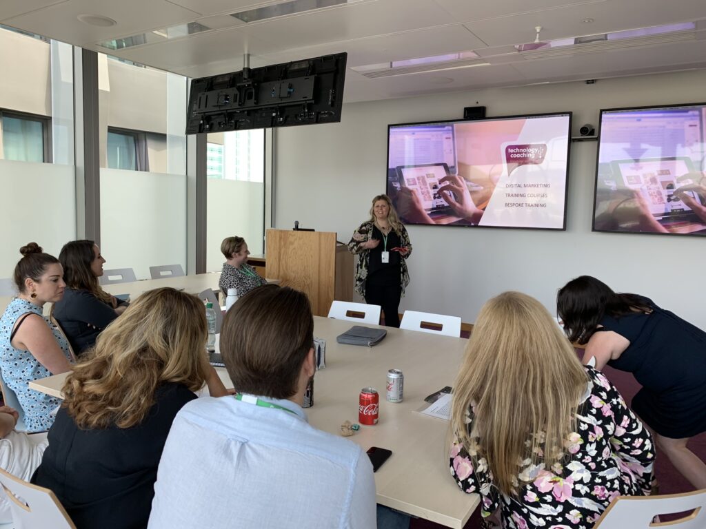 Sooz Young presenting at Facebook HQ in London, sharing the impact of delivering digital skills training to over 3,000 people across Scotland in just six months. Founder of Technology Coaching, Sooz leads CPD-accredited programmes in digital marketing, web presence, and the Digital Mindset framework.